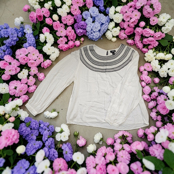 a.n.a Tops - a.n.a White Blouse with Black And White Embroidered Yoke Detail
